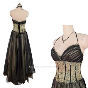 Y2K Prom Dress Maxi Gown 12 Green Vintage Fairy Goth Corset Flirt Whimsigoth